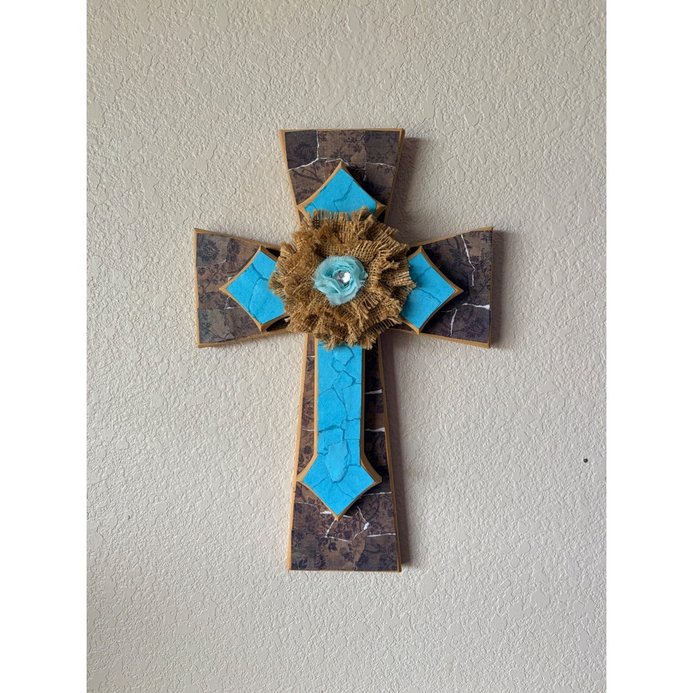Rustic Wooden Wall Cross Turquoise Burlap Flower Rhinestone Shabby Chic Decor
